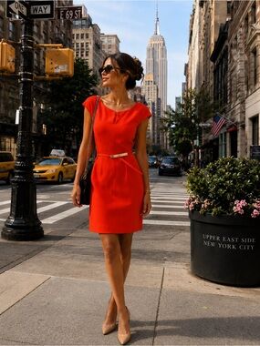 Tory Burch Bright Orange textured cotton  Cap-Sleeve Sheath Dress Size 10